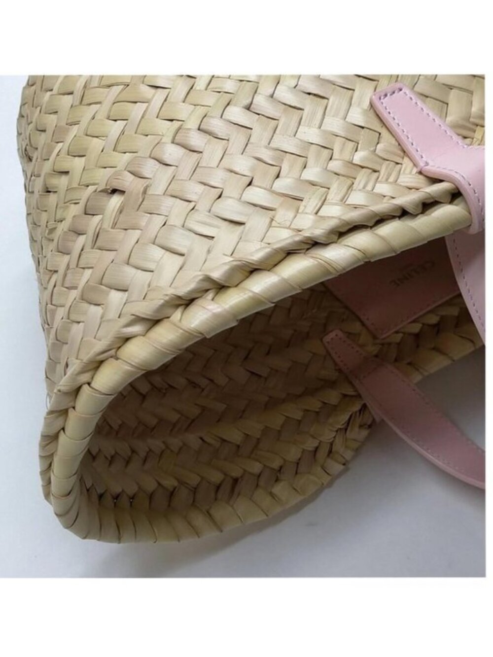 Authentic Celine Triomphe Straw Basket Bag Pink Leather Trim Summer Tote Woven - Picture 10 of 16